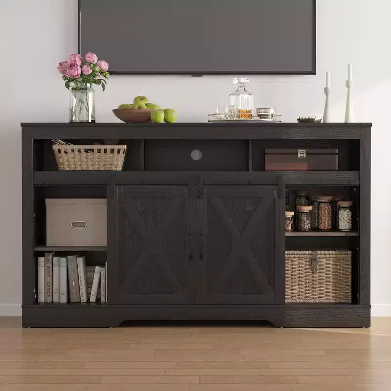 Meuble TV Heynemo Farmhouse pour cheminée de 23 pouces, meuble de divertissement de 34 pouces de haut pour téléviseur de plus de 65 pouces, console TV avec porte coulissante de grange (sans cheminée)