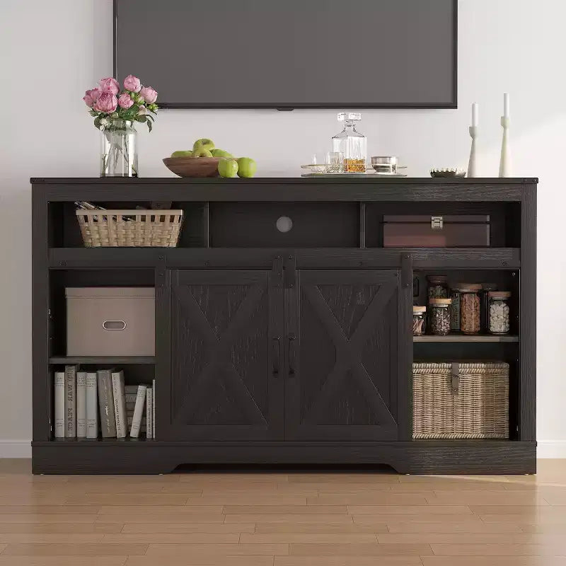 Meuble TV Heynemo Farmhouse pour cheminée de 23 pouces, meuble de divertissement de 34 pouces de haut pour téléviseur de plus de 65 pouces, console TV avec porte coulissante de grange (sans cheminée)