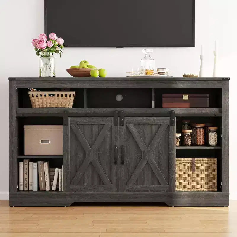 Meuble TV Heynemo Farmhouse pour cheminée de 23 pouces, meuble de divertissement de 34 pouces de haut pour téléviseur de plus de 65 pouces, console TV avec porte coulissante de grange (sans cheminée)