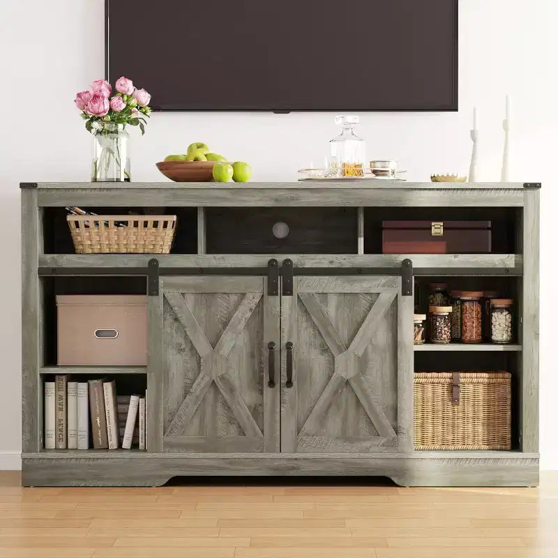 Meuble TV Heynemo Farmhouse pour cheminée de 23 pouces, meuble de divertissement de 34 pouces de haut pour téléviseur de plus de 65 pouces, console TV avec porte coulissante de grange (sans cheminée)