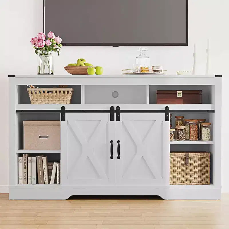 Heynemo Farmhouse TV Stand for 23 Fireplace, 34'' Tall Entertainment Center for 65''+ TV, TV Console with Sliding Bar Door (without Fireplace)