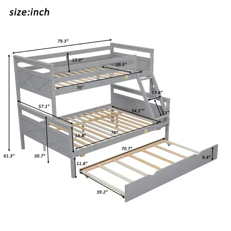 Lit superposé jumeau sur grand lit avec échelle, lit gigogne simple, barrière de sécurité