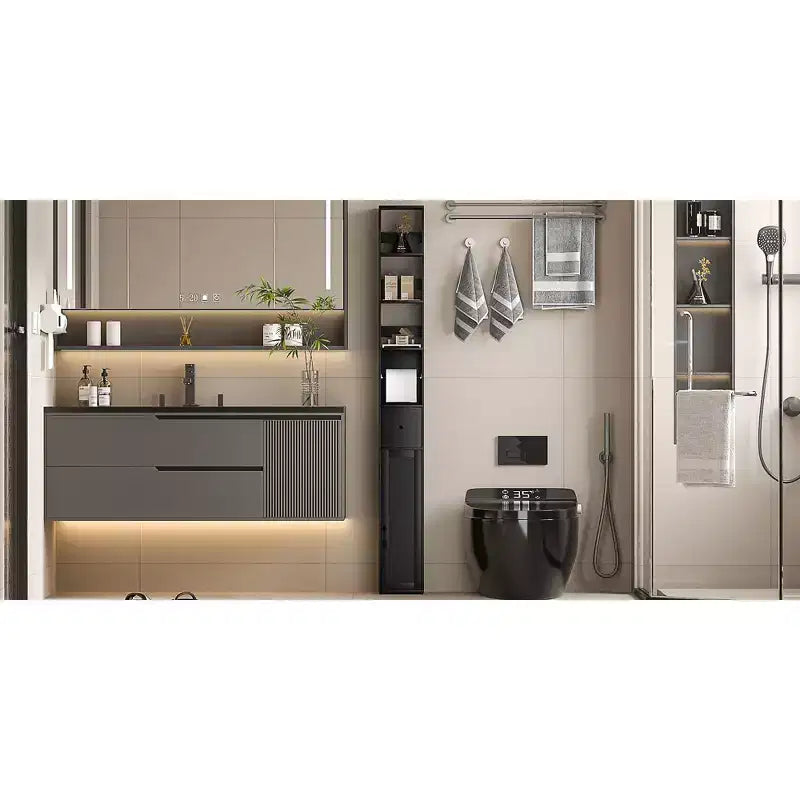 Armoire de salle de bain haute VECELO avec étagères réglables, meuble de rangement étroit avec porte-rouleau de papier toilette et petit tiroir