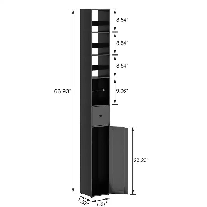 Armoire de salle de bain haute VECELO avec étagères réglables, meuble de rangement étroit avec porte-rouleau de papier toilette et petit tiroir