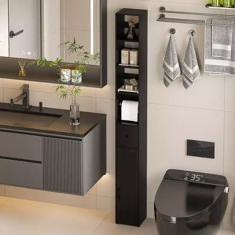 Armoire de salle de bain haute VECELO avec étagères réglables, meuble de rangement étroit avec porte-rouleau de papier toilette et petit tiroir