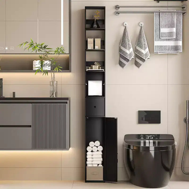 Armoire de salle de bain haute VECELO avec étagères réglables, meuble de rangement étroit avec porte-rouleau de papier toilette et petit tiroir