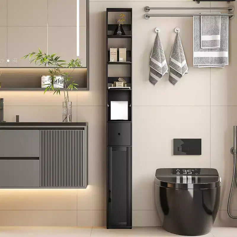 Armoire de salle de bain haute VECELO avec étagères réglables, meuble de rangement étroit avec porte-rouleau de papier toilette et petit tiroir