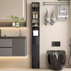 Armoire de salle de bain haute VECELO avec étagères réglables, meuble de rangement étroit avec porte-rouleau de papier toilette et petit tiroir