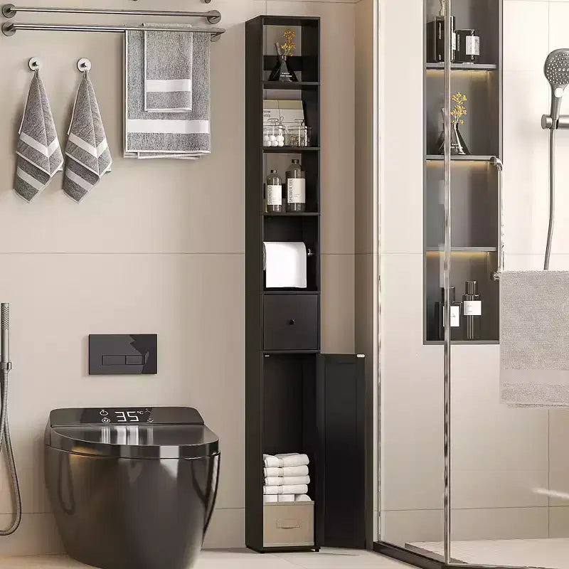 Armoire de salle de bain haute VECELO avec étagères réglables, meuble de rangement étroit avec porte-rouleau de papier toilette et petit tiroir