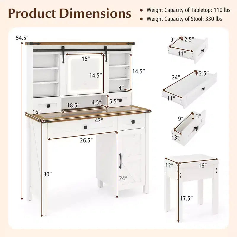 Coiffeuse de ferme Costway avec miroir coulissant et 3 modes d'éclairage