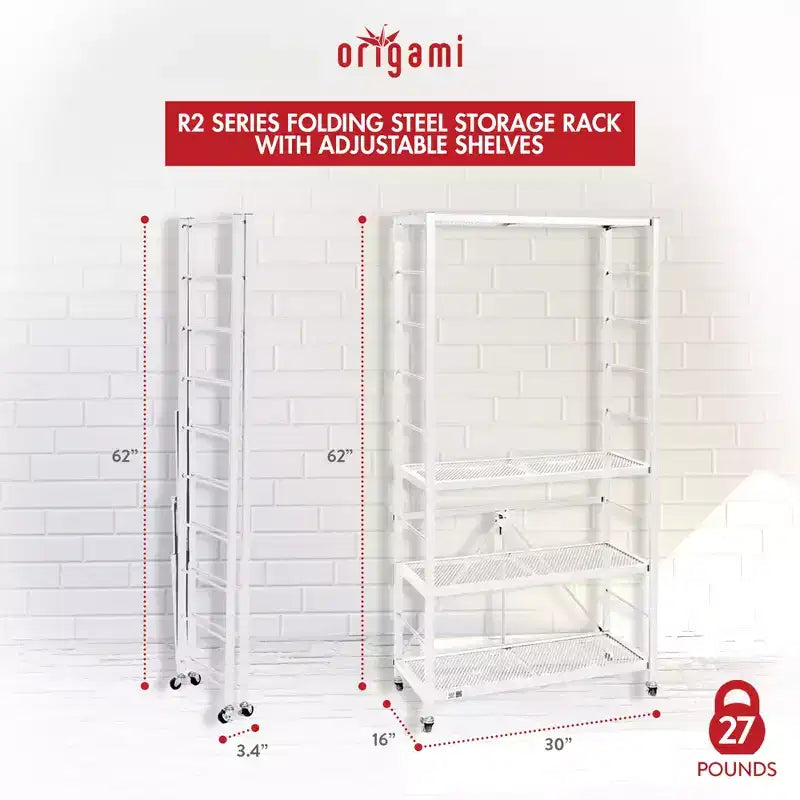 Lot de 3 étagères de rangement pliantes en acier Origami, tablettes réglables, série R2, blanc
