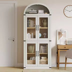 71.4in Tall Wooden Arched Bookshelf with Doors Farmhouse Rounded Bookcases for Living Room, Kitchen, Office (White)