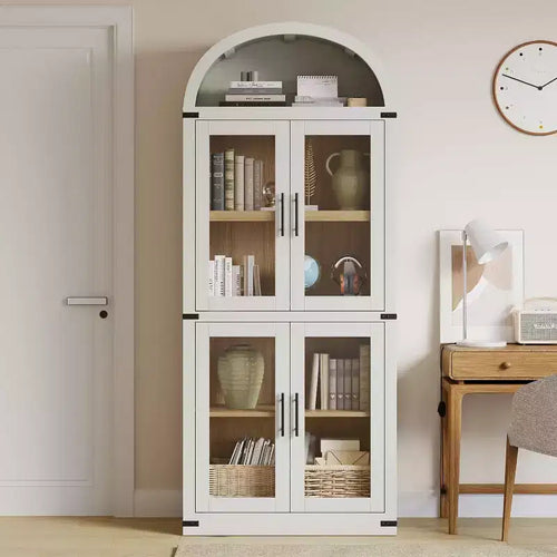 71.4in Tall Wooden Arched Bookshelf with Doors Farmhouse Rounded Bookcases for Living Room, Kitchen, Office (White)