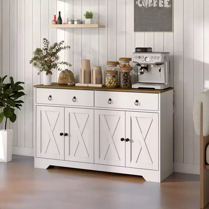 HOMCOM Buffet avec Rangement, Meuble Bas de Style Ferme avec 2 Tiroirs et Portes Coulissantes, Table de Buffet avec Étagères Réglables