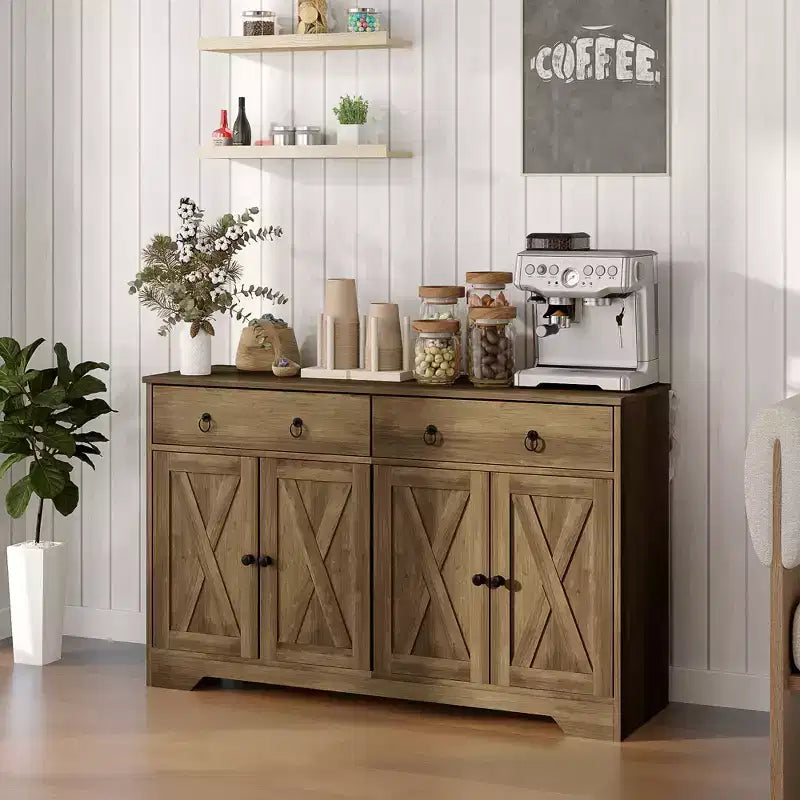 HOMCOM Buffet avec Rangement, Meuble Bas de Style Ferme avec 2 Tiroirs et Portes Coulissantes, Table de Buffet avec Étagères Réglables