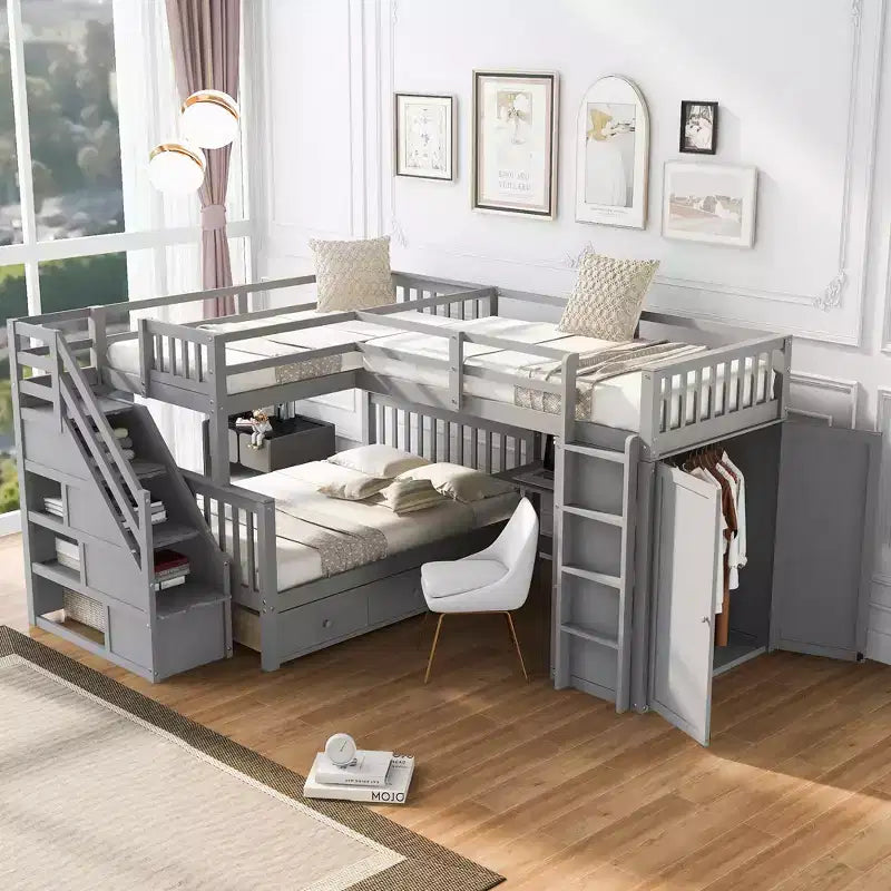 Lit superposé en L Whisen Modern Design (jumeau sur grand) avec 3 tiroirs, bureau portable et armoire