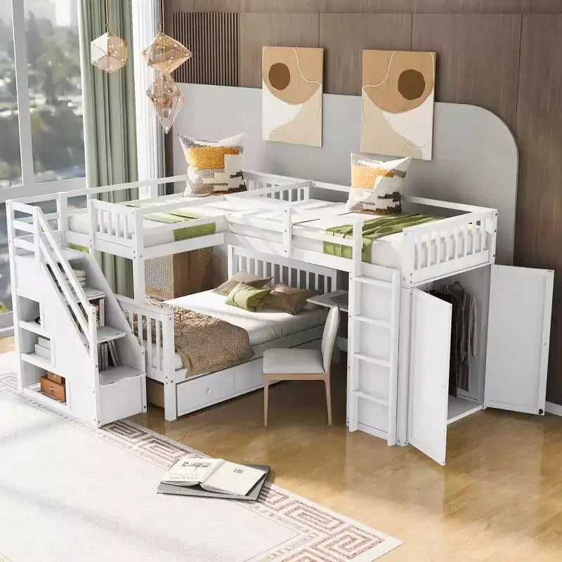 Lit superposé en L Whisen Modern Design (jumeau sur grand) avec 3 tiroirs, bureau portable et armoire
