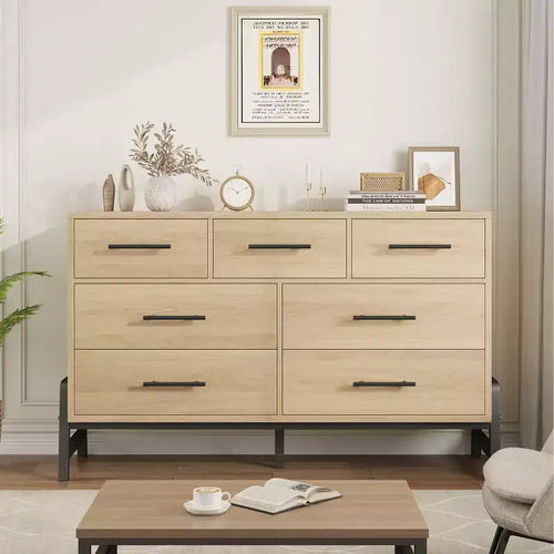 Commode de chambre à coucher 7 tiroirs, commode de 132 cm de large, commode à tiroirs larges avec rangement autonome, commode de rangement en bois pour chambre à coucher