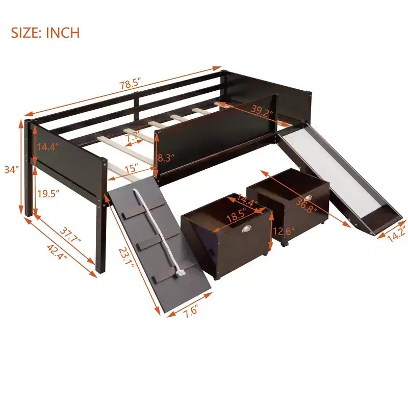 Lit mezzanine Whisen 78,5 long. x 79,2 larg. au design moderne, taille lit jumeau, en bois avec deux boîtes de rangement