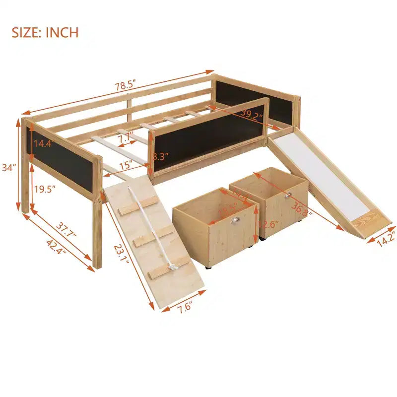 Lit mezzanine Whisen 78,5 long. x 79,2 larg. au design moderne, taille lit jumeau, en bois avec deux boîtes de rangement