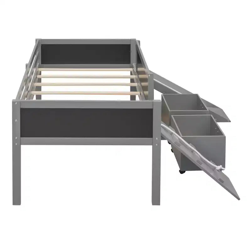 Lit mezzanine Whisen 78,5 long. x 79,2 larg. au design moderne, taille lit jumeau, en bois avec deux boîtes de rangement