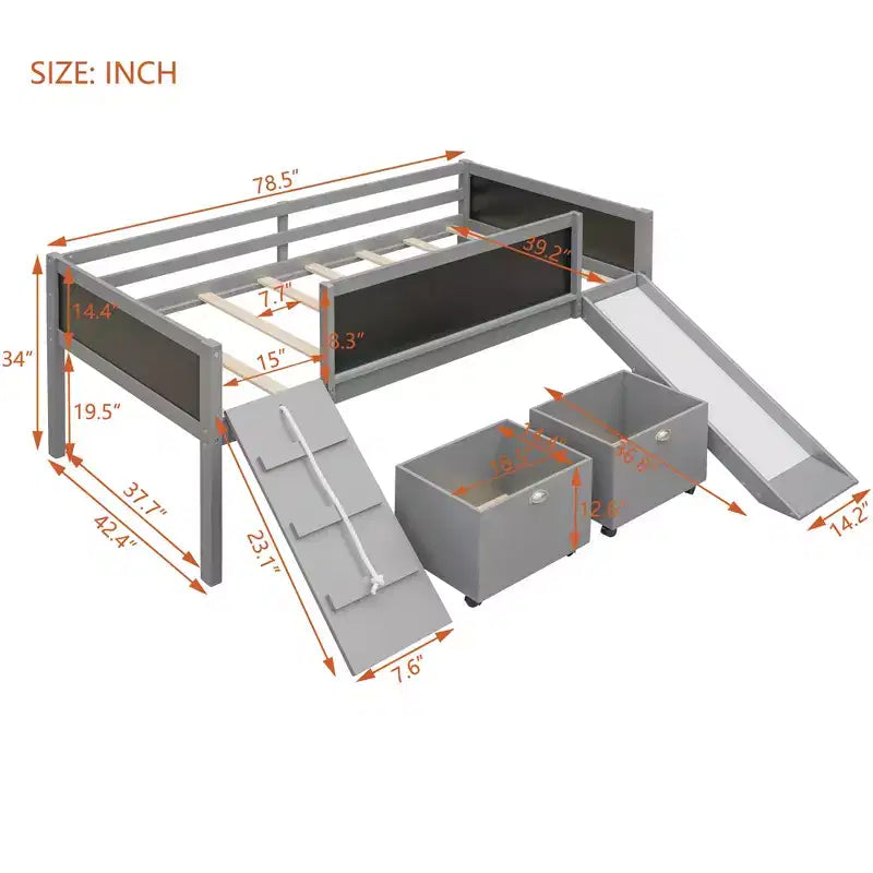 Lit mezzanine Whisen 78,5 long. x 79,2 larg. au design moderne, taille lit jumeau, en bois avec deux boîtes de rangement