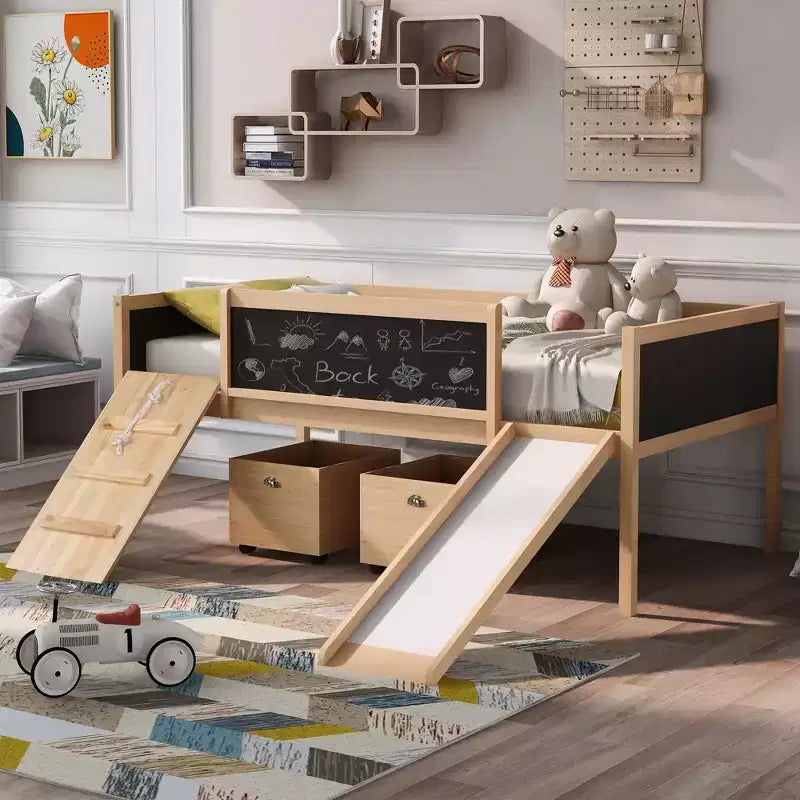 Lit mezzanine Whisen 78,5 long. x 79,2 larg. au design moderne, taille lit jumeau, en bois avec deux boîtes de rangement