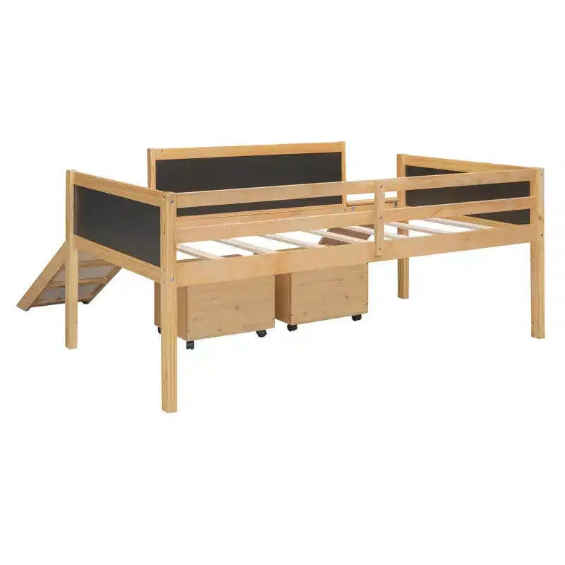 Lit mezzanine Whisen 78,5 long. x 79,2 larg. au design moderne, taille lit jumeau, en bois avec deux boîtes de rangement