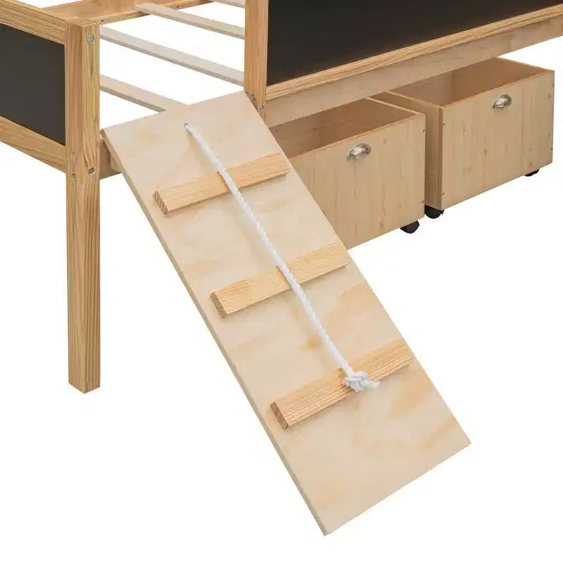 Lit mezzanine Whisen 78,5 long. x 79,2 larg. au design moderne, taille lit jumeau, en bois avec deux boîtes de rangement