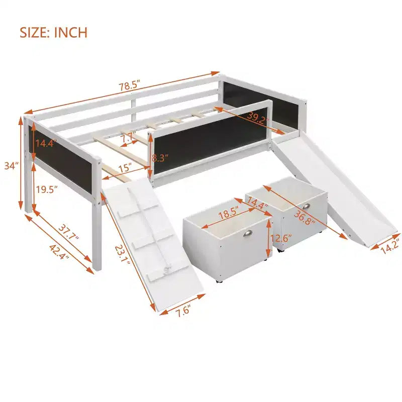 Lit mezzanine Whisen 78,5 long. x 79,2 larg. au design moderne, taille lit jumeau, en bois avec deux boîtes de rangement