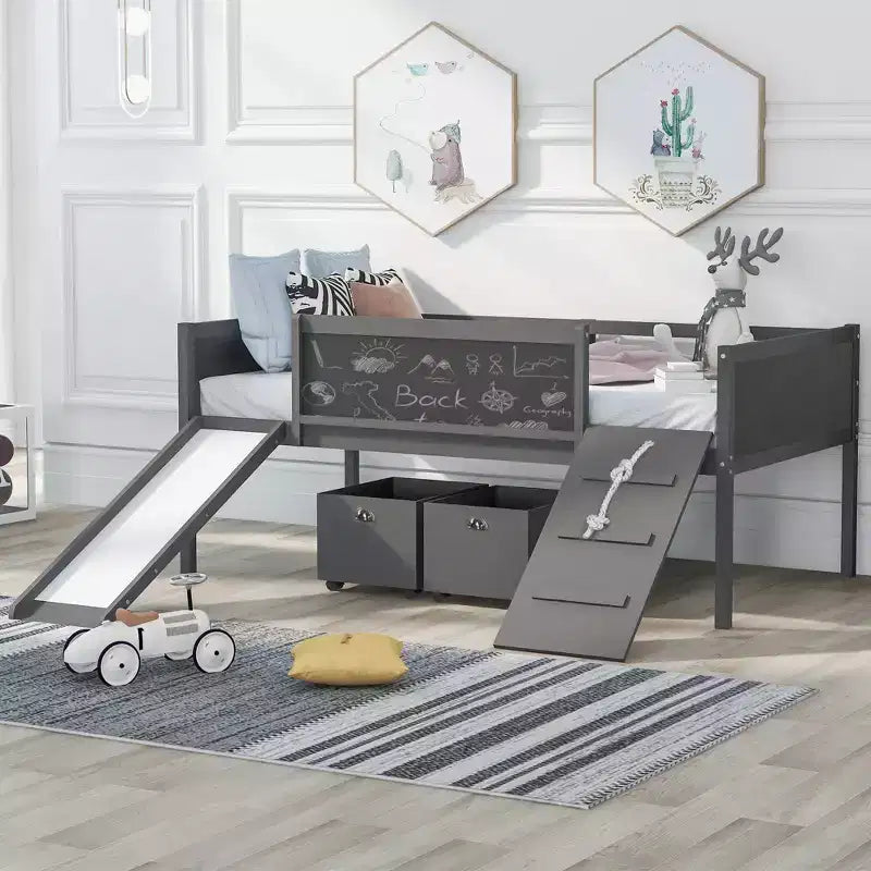 Lit mezzanine Whisen 78,5 long. x 79,2 larg. au design moderne, taille lit jumeau, en bois avec deux boîtes de rangement