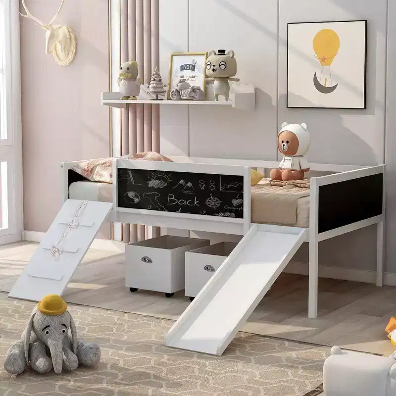 Lit mezzanine Whisen 78,5 long. x 79,2 larg. au design moderne, taille lit jumeau, en bois avec deux boîtes de rangement