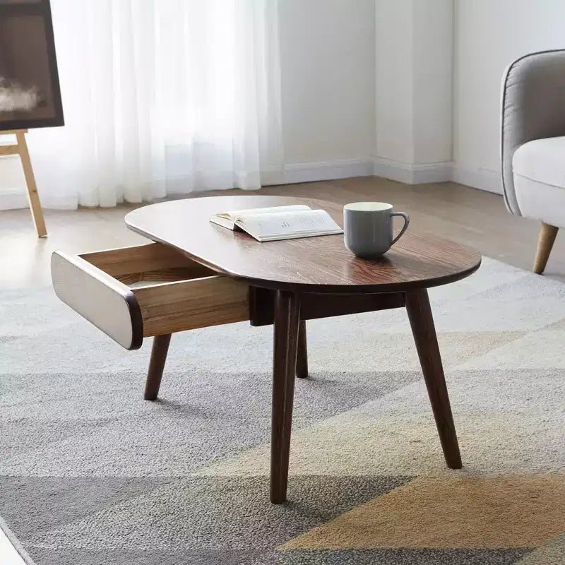 GDFStudio Belle Table Basse Ovale en Bois de Chêne Massif 39,37W avec un Tiroir