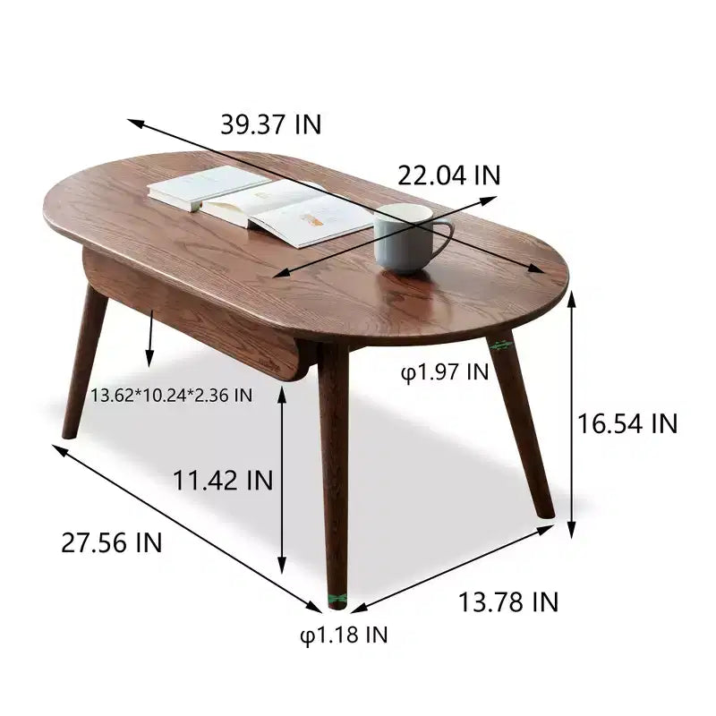 GDFStudio Belle Table Basse Ovale en Bois de Chêne Massif 39,37W avec un Tiroir