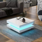 High Gloss Minimalist Design Coffee Table with LED Lights, 2-Tier Square, 31.5x31.5x14.2', White
