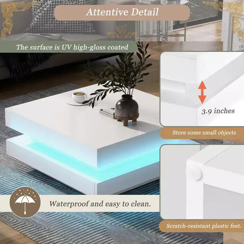 Table basse design minimaliste laqué brillant avec lumières LED, 2 niveaux, carrée, 80x80x36cm, blanche
