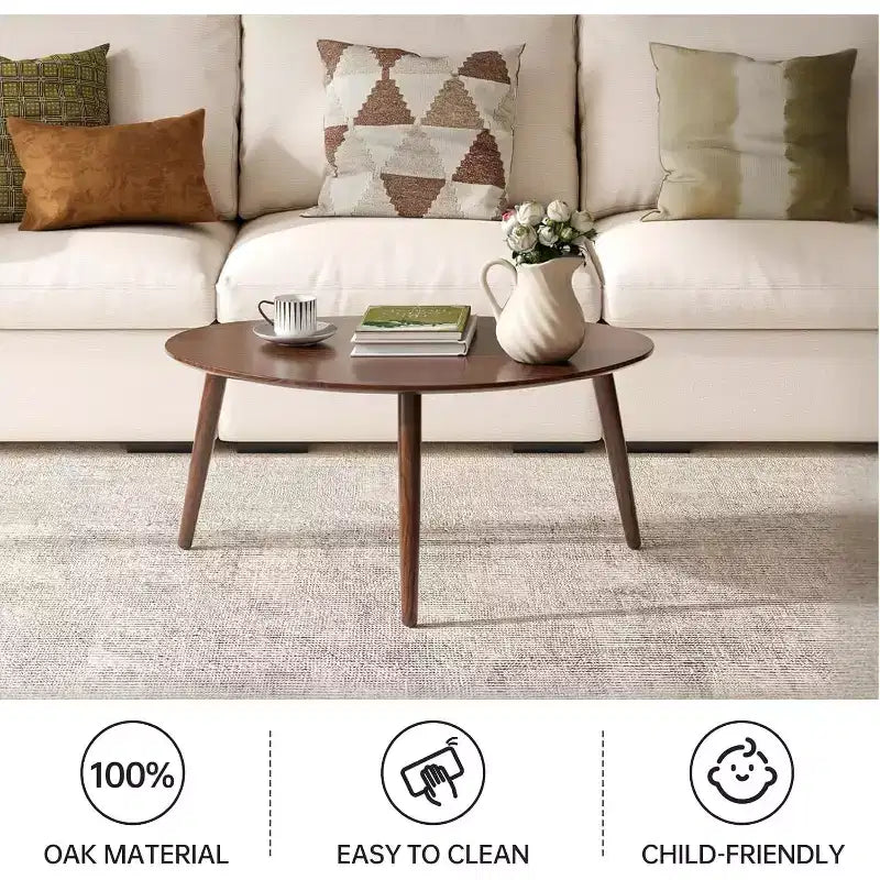 GDFStudio Adolph Table Basse Ovale Mid-Century Moderne 33.46 L en Bois de Chêne Massif à Trois Pieds