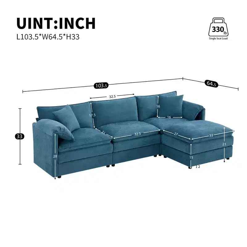 Canapé sectionnel modulaire surdimensionné en chenille Whisen Modern Design, 4 places avec double coussin et poufs mobiles