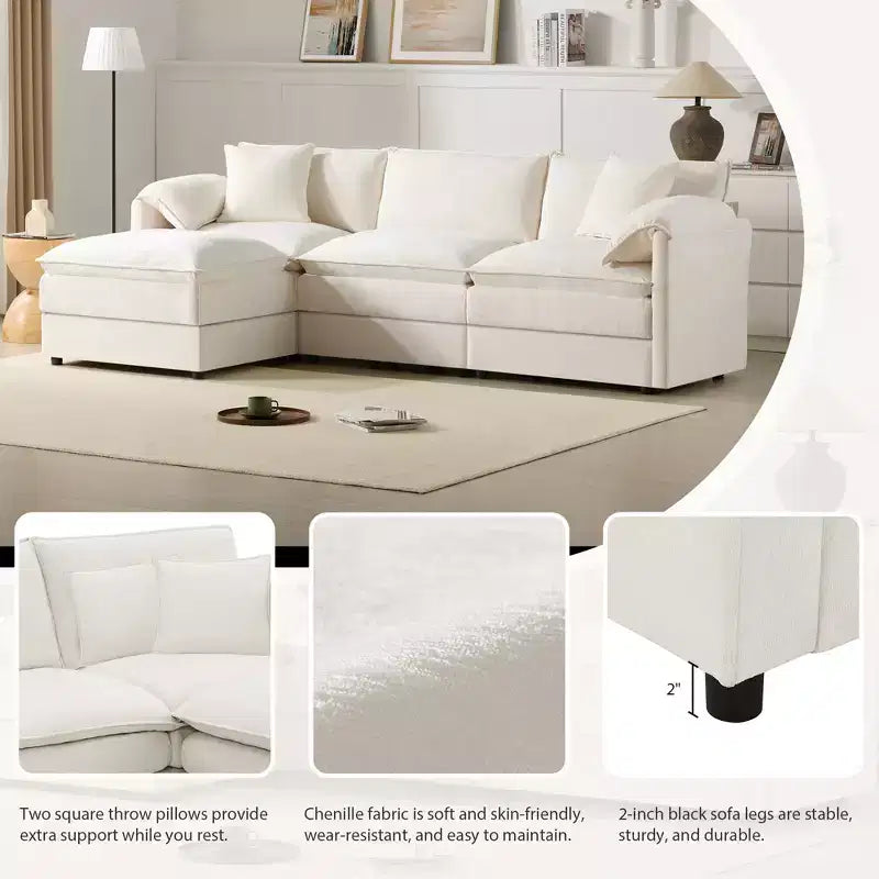 Canapé sectionnel modulaire surdimensionné en chenille Whisen Modern Design, 4 places avec double coussin et poufs mobiles