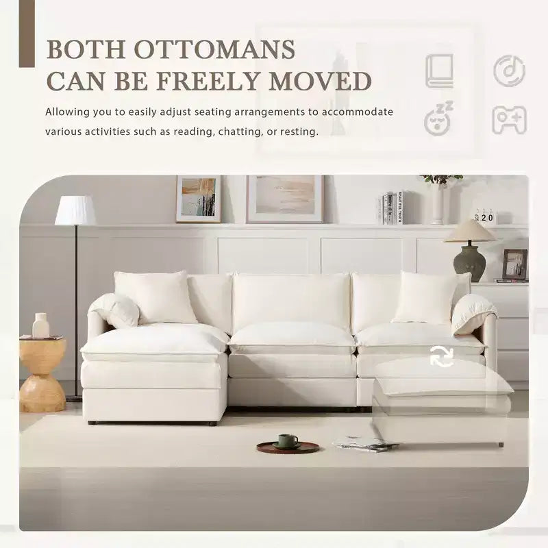Canapé sectionnel modulaire surdimensionné en chenille Whisen Modern Design, 4 places avec double coussin et poufs mobiles