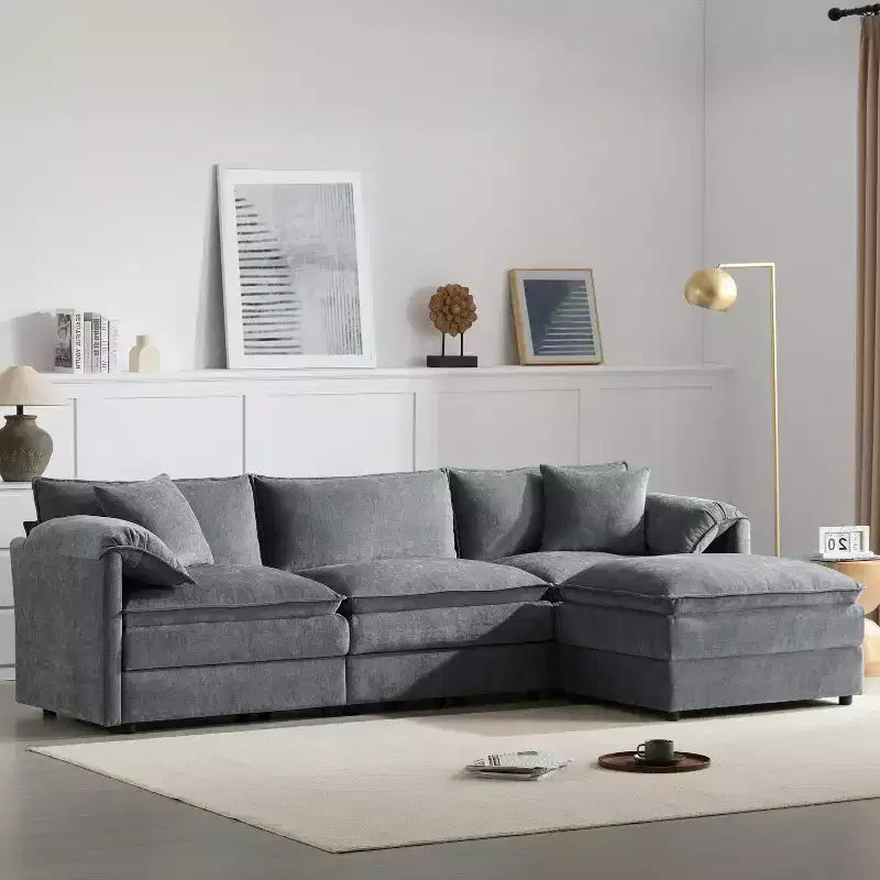 Canapé sectionnel modulaire surdimensionné en chenille Whisen Modern Design, 4 places avec double coussin et poufs mobiles
