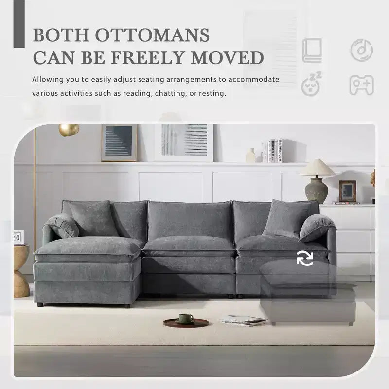 Canapé sectionnel modulaire surdimensionné en chenille Whisen Modern Design, 4 places avec double coussin et poufs mobiles