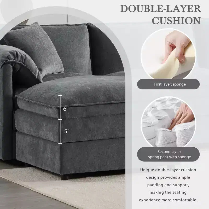 Canapé sectionnel modulaire surdimensionné en chenille Whisen Modern Design, 4 places avec double coussin et poufs mobiles