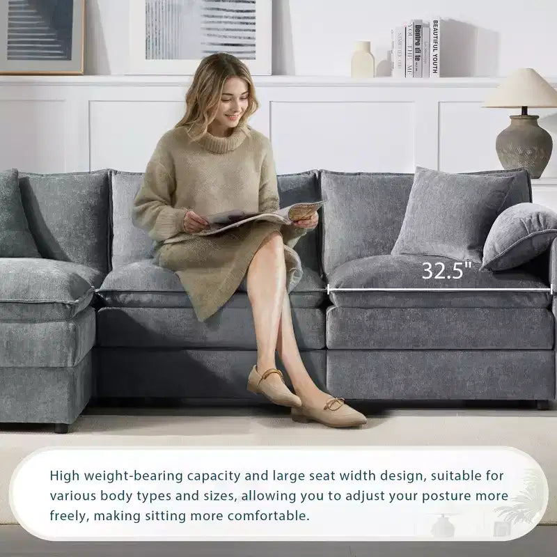Canapé sectionnel modulaire surdimensionné en chenille Whisen Modern Design, 4 places avec double coussin et poufs mobiles