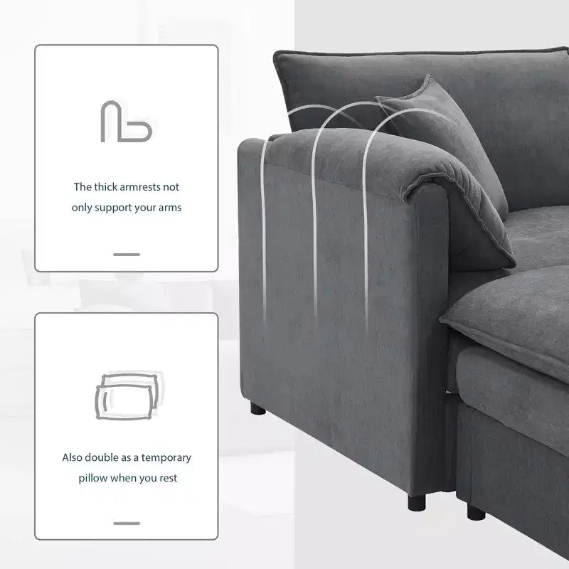 Canapé sectionnel modulaire surdimensionné en chenille Whisen Modern Design, 4 places avec double coussin et poufs mobiles