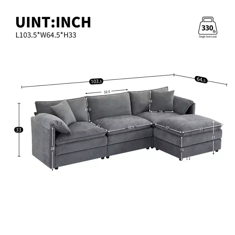 Canapé sectionnel modulaire surdimensionné en chenille Whisen Modern Design, 4 places avec double coussin et poufs mobiles