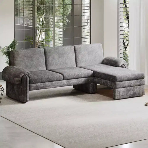 94W Convertible Futon Sofa Couch Sofa Bed with Adjustable Backrest, Reversible Chaise Lounge and Removable Armrest Pillows, Beige/Gray-ModernLuxe