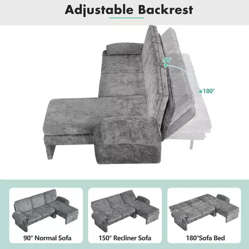 Canapé-lit futon convertible 94W avec dossier réglable, méridienne réversible et accoudoirs amovibles, beige/gris-ModernLuxe