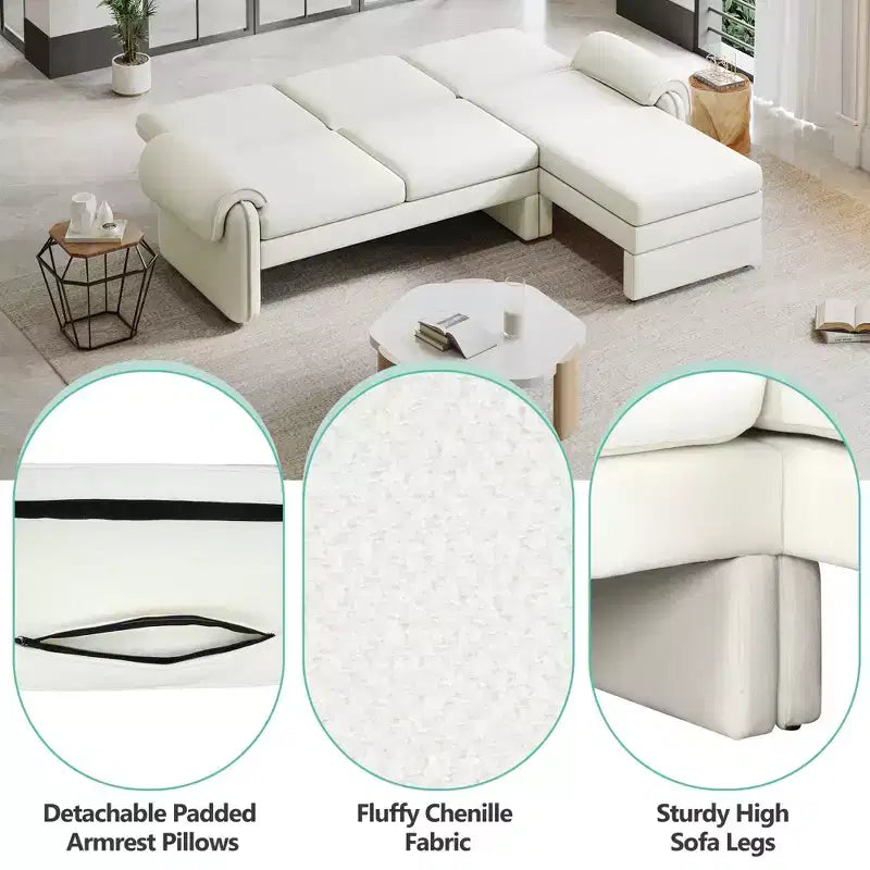 Canapé-lit futon convertible 94W avec dossier réglable, méridienne réversible et accoudoirs amovibles, beige/gris-ModernLuxe
