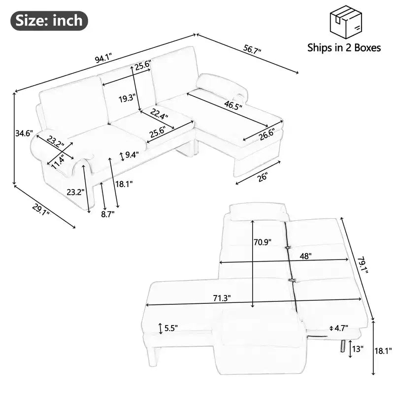Canapé-lit futon convertible 94W avec dossier réglable, méridienne réversible et accoudoirs amovibles, beige/gris-ModernLuxe